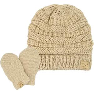 imageCC Babies Winter Cable Knit Beanie and Fuzzy Lined Mitten SetBeige