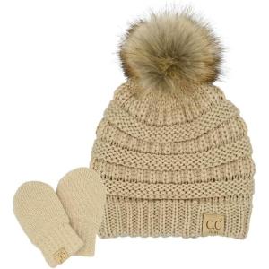 imageCC Babies Winter Cable Knit Beanie and Fuzzy Lined Mitten SetFaux Fur Pom Beige
