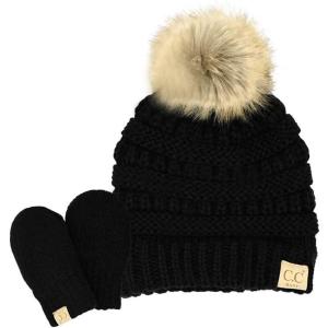 imageCC Babies Winter Cable Knit Beanie and Fuzzy Lined Mitten SetFaux Fur Pom Black