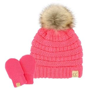 imageCC Babies Winter Cable Knit Beanie and Fuzzy Lined Mitten SetFaux Fur Pom Candy Pink