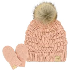 imageCC Babies Winter Cable Knit Beanie and Fuzzy Lined Mitten SetFaux Fur Pom Indi Pink