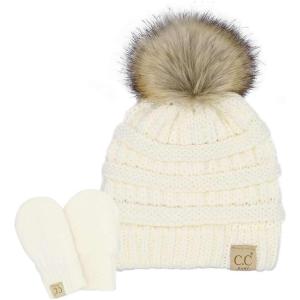 imageCC Babies Winter Cable Knit Beanie and Fuzzy Lined Mitten SetFaux Fur Pom Ivory
