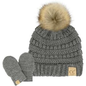 imageCC Babies Winter Cable Knit Beanie and Fuzzy Lined Mitten SetFaux Fur Pom Light Melange Gray