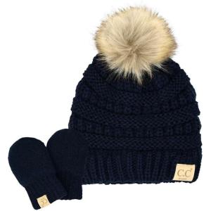 imageCC Babies Winter Cable Knit Beanie and Fuzzy Lined Mitten SetFaux Fur Pom Navy