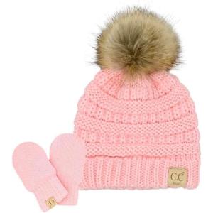 imageCC Babies Winter Cable Knit Beanie and Fuzzy Lined Mitten SetFaux Fur Pom Pale Pink