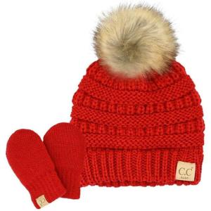 imageCC Babies Winter Cable Knit Beanie and Fuzzy Lined Mitten SetFaux Fur Pom Red