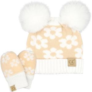 imageCC Baby Daisy Double Knit Skully Beanie and Gloves Set for Toddler with Faux Fur Pom PomBeige