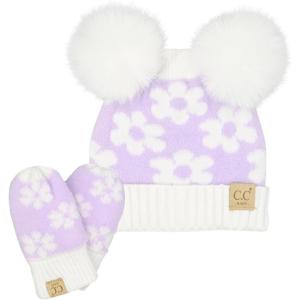 imageCC Baby Daisy Double Knit Skully Beanie and Gloves Set for Toddler with Faux Fur Pom PomLavender