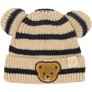 imageCC Baby Teddy Bear Ear Beanie for Boys Girls Comfortable Soft Warm Infant Baby Knit Skully HatTeddy Stripe Beige