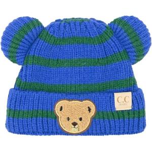 imageCC Baby Teddy Bear Ear Beanie for Boys Girls Comfortable Soft Warm Infant Baby Knit Skully HatTeddy Stripe Blue