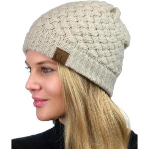 imageCC Basketweave Knit Warm Inner Lined Soft Stretch Skully Beanie HatBeige