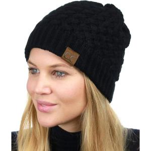 imageCC Basketweave Knit Warm Inner Lined Soft Stretch Skully Beanie HatBlack