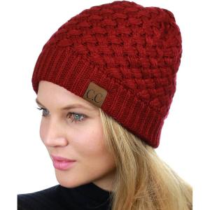 imageCC Basketweave Knit Warm Inner Lined Soft Stretch Skully Beanie HatBurgundy