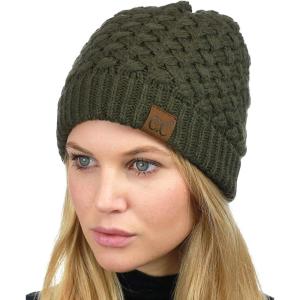 imageCC Basketweave Knit Warm Inner Lined Soft Stretch Skully Beanie HatDark Olive