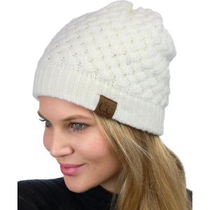 imageCC Basketweave Knit Warm Inner Lined Soft Stretch Skully Beanie HatIvory