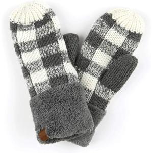 imageCC CC Super Thick Fuzzy Fleeced Lined Warm Winter Knitted Mittens GlovesBuffalo Plaid Dk Melange GrayWhite