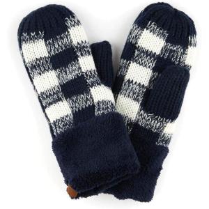 imageCC CC Super Thick Fuzzy Fleeced Lined Warm Winter Knitted Mittens GlovesBuffalo Plaid NavyWhite