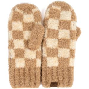imageCC CC Super Thick Fuzzy Fleeced Lined Warm Winter Knitted Mittens GlovesRecycled Non Lined Checkered BeigeCamel