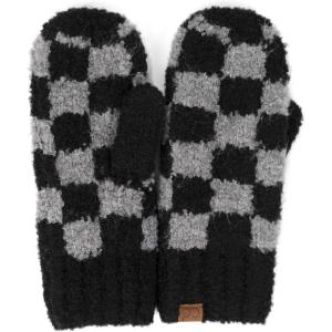 imageCC CC Super Thick Fuzzy Fleeced Lined Warm Winter Knitted Mittens GlovesRecycled Non Lined Checkered BlackDk Gray