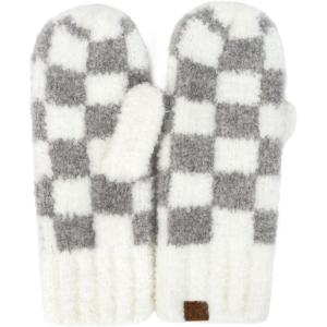 imageCC CC Super Thick Fuzzy Fleeced Lined Warm Winter Knitted Mittens GlovesRecycled Non Lined Checkered Lt GrayWhite