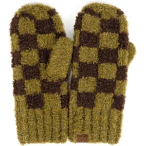imageCC CC Super Thick Fuzzy Fleeced Lined Warm Winter Knitted Mittens GlovesRecycled Non Lined Checkered OliveBrown