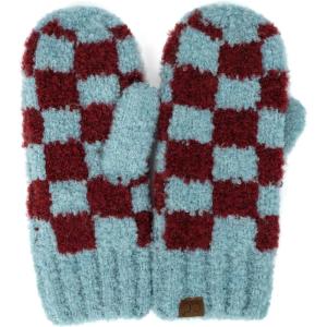 imageCC CC Super Thick Fuzzy Fleeced Lined Warm Winter Knitted Mittens GlovesRecycled Non Lined Checkered TealBurgundy
