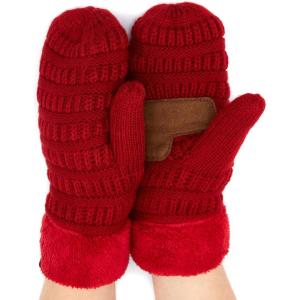 imageCC CC Super Thick Fuzzy Fleeced Lined Warm Winter Knitted Mittens GlovesSolid Red