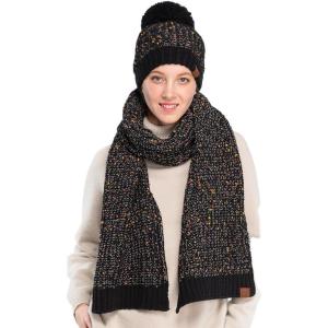 imageCC Cable Knit Beanie and Scarf Set Colorful Confetti Pattern Winter AccessoriesBlack