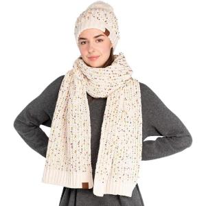 imageCC Cable Knit Beanie and Scarf Set Colorful Confetti Pattern Winter AccessoriesOatmeal