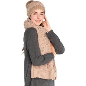 imageCC Cable Knit Beanie and Scarf Set Colorful Confetti Pattern Winter AccessoriesTaupe