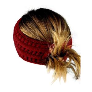 imageCC Cable Knit Fuzzy Lined Ear Warmer Ponytail Pony Headband BlackBurgundy