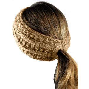 imageCC Cable Knit Fuzzy Lined Ear Warmer Ponytail Pony Headband BlackCamel