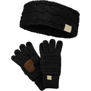 imageCC Childrens Kids Cable Knit Ear Warmer Headband and Touchscreen Gloves SetBlack