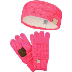 imageCC Childrens Kids Cable Knit Ear Warmer Headband and Touchscreen Gloves SetCandy Pink