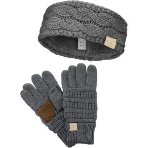 imageCC Childrens Kids Cable Knit Ear Warmer Headband and Touchscreen Gloves SetDark Melange Gray