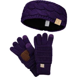 imageCC Childrens Kids Cable Knit Ear Warmer Headband and Touchscreen Gloves SetDark Purple
