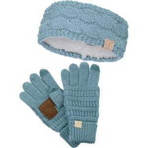 imageCC Childrens Kids Cable Knit Ear Warmer Headband and Touchscreen Gloves SetDenim