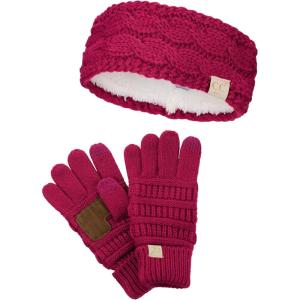 imageCC Childrens Kids Cable Knit Ear Warmer Headband and Touchscreen Gloves SetHot Pink