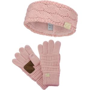 imageCC Childrens Kids Cable Knit Ear Warmer Headband and Touchscreen Gloves SetIndi Pink