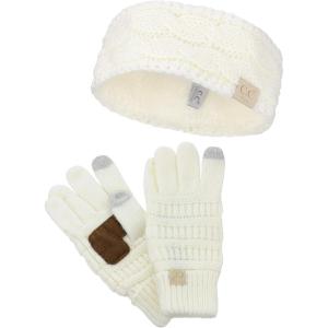 imageCC Childrens Kids Cable Knit Ear Warmer Headband and Touchscreen Gloves SetIvory