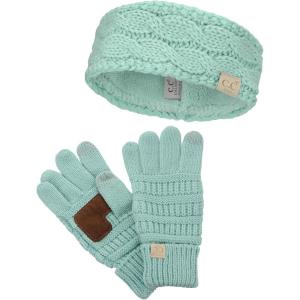 imageCC Childrens Kids Cable Knit Ear Warmer Headband and Touchscreen Gloves SetMint