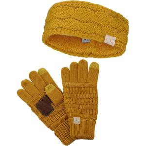 imageCC Childrens Kids Cable Knit Ear Warmer Headband and Touchscreen Gloves SetMustard