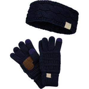 imageCC Childrens Kids Cable Knit Ear Warmer Headband and Touchscreen Gloves SetNavy