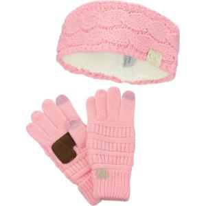 imageCC Childrens Kids Cable Knit Ear Warmer Headband and Touchscreen Gloves SetPale Pink