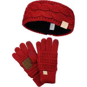 imageCC Childrens Kids Cable Knit Ear Warmer Headband and Touchscreen Gloves SetRed
