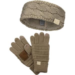 imageCC Childrens Kids Cable Knit Ear Warmer Headband and Touchscreen Gloves SetTaupe