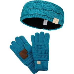 imageCC Childrens Kids Cable Knit Ear Warmer Headband and Touchscreen Gloves SetTeal