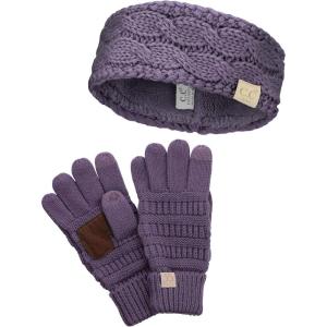 imageCC Childrens Kids Cable Knit Ear Warmer Headband and Touchscreen Gloves SetViolet