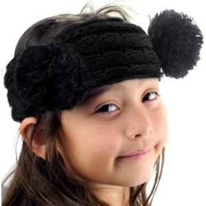 imageCC Childrens Kids Double Pom Cable Knit Fuzzy Lined Ear Warmer HeadbandBlack