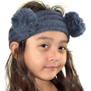 imageCC Childrens Kids Double Pom Cable Knit Fuzzy Lined Ear Warmer HeadbandDark Denim
